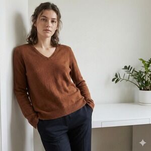 Theory V-Neck Pullover Soft Cashmere Sweater Womens Medium Rust Brown Minimalist